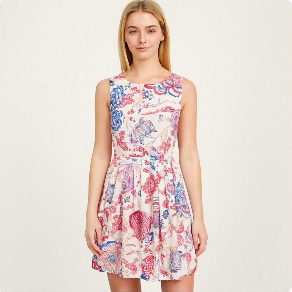 Talbots Fit & Flare Sleeveless Floral Dress Red White Blue Pockets Size 8